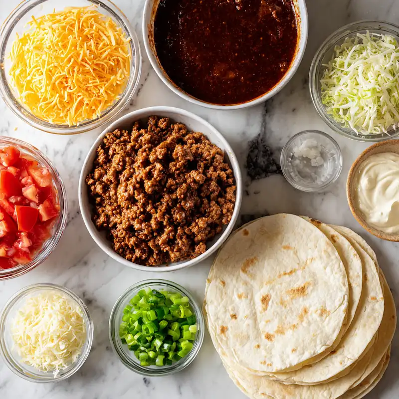 Taco Bell Mexican Pizza Recipe (Cheap, Easy & Better Than Takeout!) 2 Flat lay of Taco Bell Mexican Pizza ingredients on a white table with tortillas, beans, cheese, sauce, and toppings.