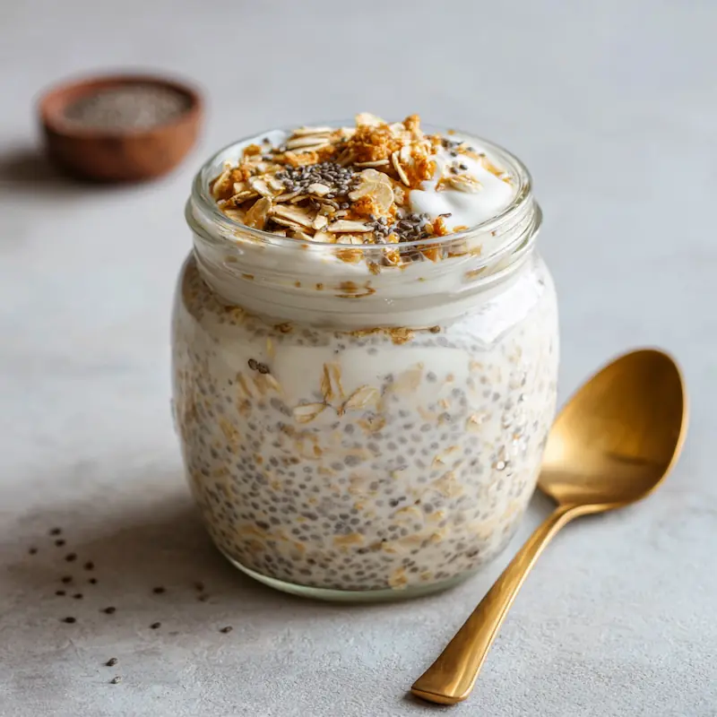 Glass jar with oats, milk, Greek yogurt, chia, and vanilla on a dorm desk with a spoon