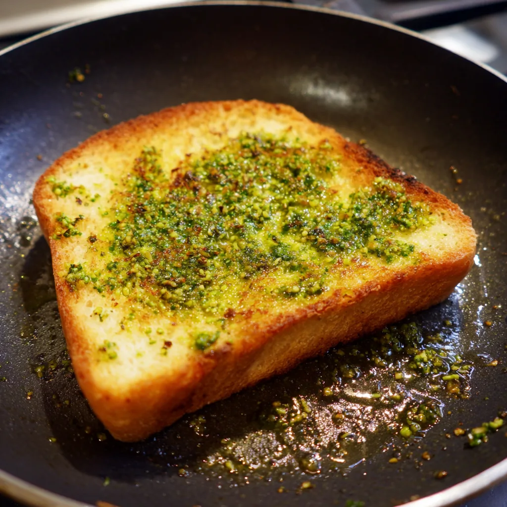 Thick bread slice toasting until golden in a pan with pesto residue.