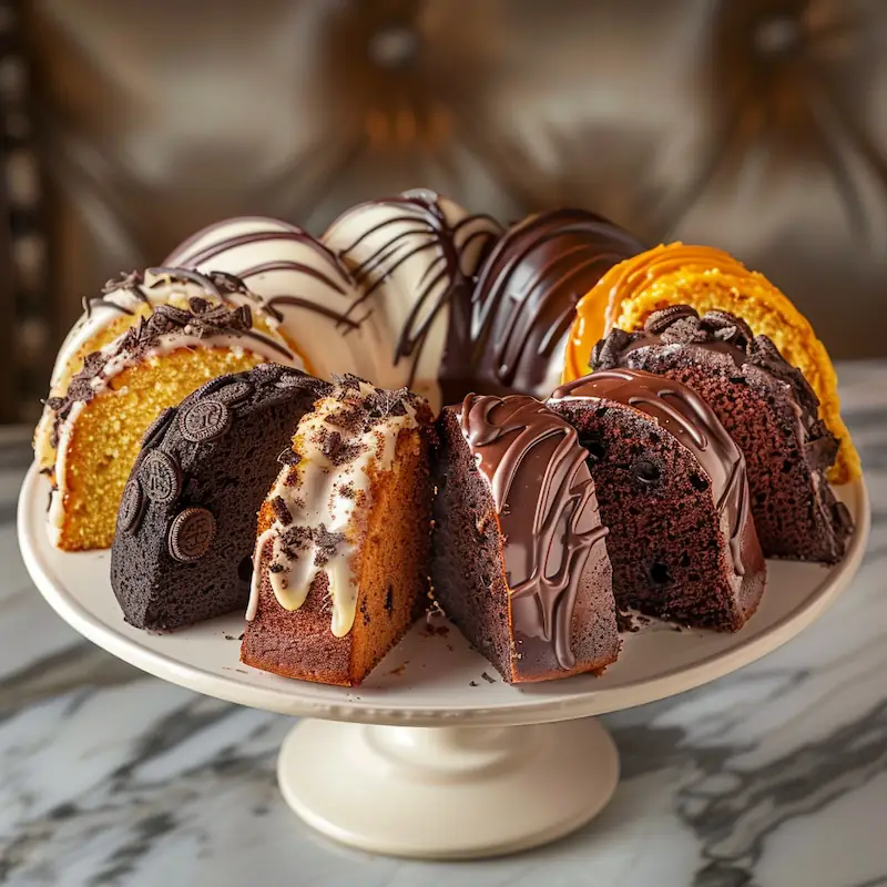 Five slices of Bundt cake in different flavors: Oreo, chocolate, mini microwave, pumpkin, lemon-yogurt.