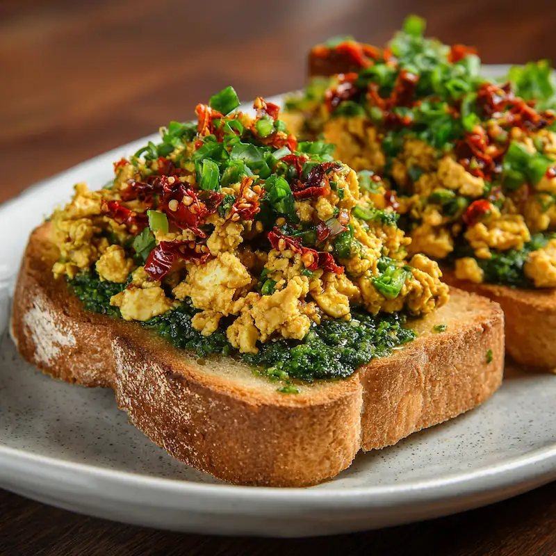 Vegan pesto toast topped with tofu scramble and chili crisp.