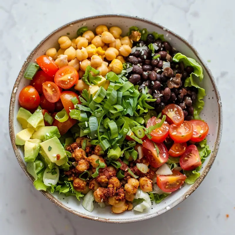 Vegetarian burger bowl with black beans, lettuce, tomatoes, and chickpeas.