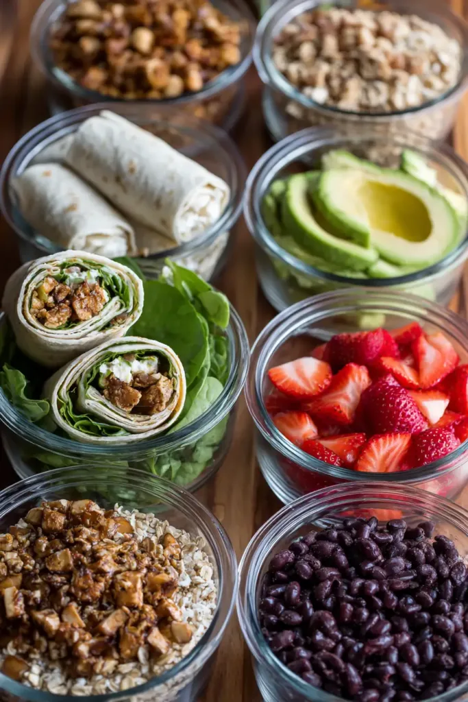 Weekly grid of portioned bowls, wraps, and oats.