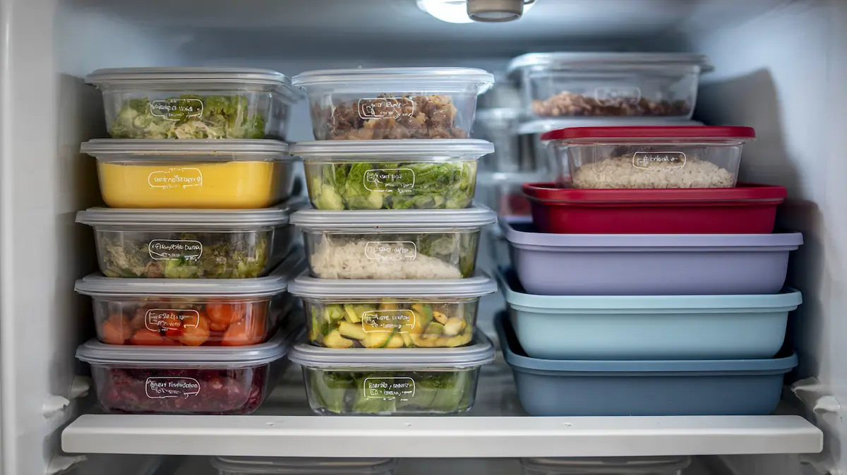 Student fridge shelf stacked with labeled meal prep containers.