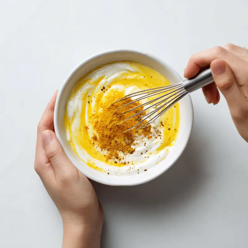 Mixing yogurt with turmeric and cumin in a small bowl on a white background.