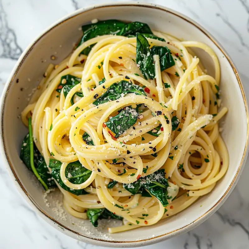 Bowl of glossy garlic-butter pasta with spinach for budget-friendly carbs