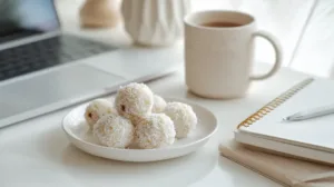 A bright photo of easy sweets milk balls on a white desk beside a student’s laptop, showing a cozy dorm setup with natural white light.