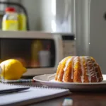 Freshly cooked microwave mini Bundt cake in a silicone mold on a dorm desk, being glazed with lemon icing