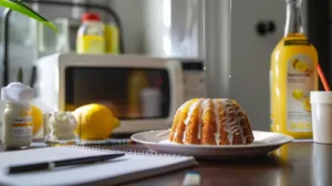 Freshly cooked microwave mini Bundt cake in a silicone mold on a dorm desk, being glazed with lemon icing