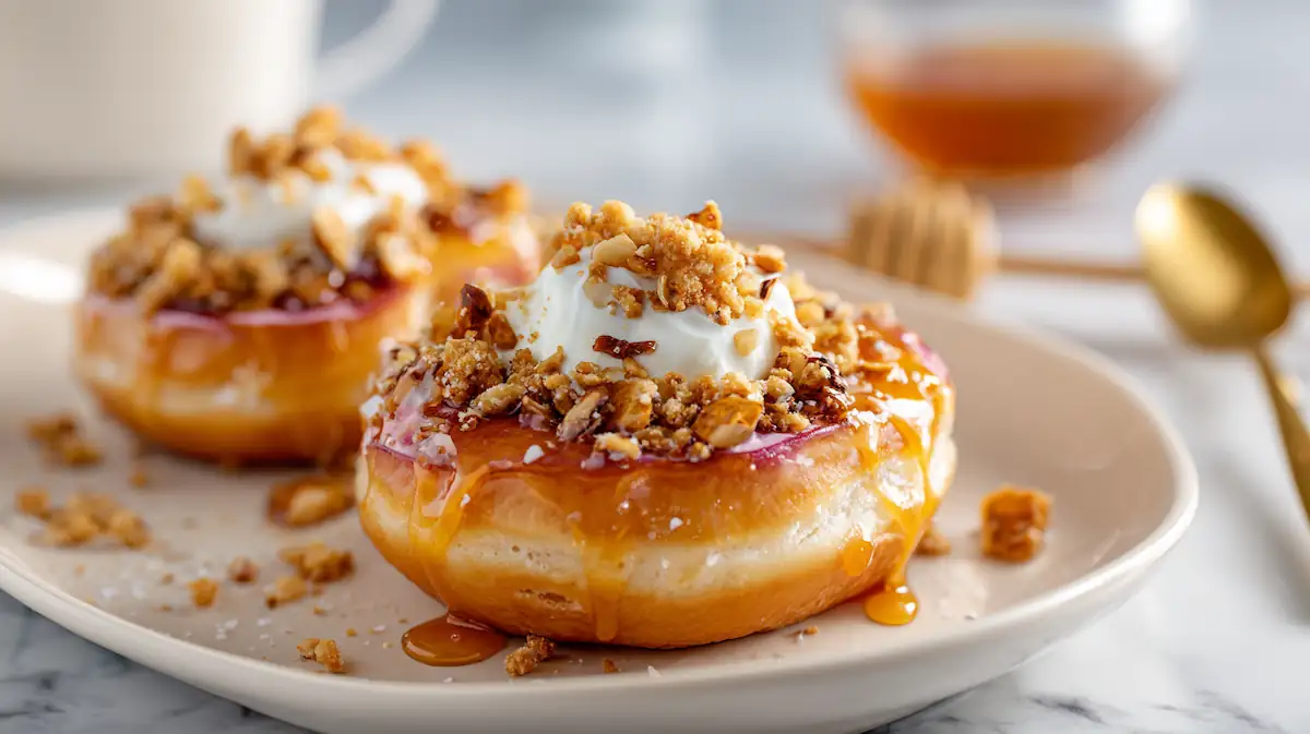 peach halves on a white ceramic plate, filled with cinnamon-butter oat crumble, glossy honey drizzle, a dollop of Greek yogurt, crushed nuts