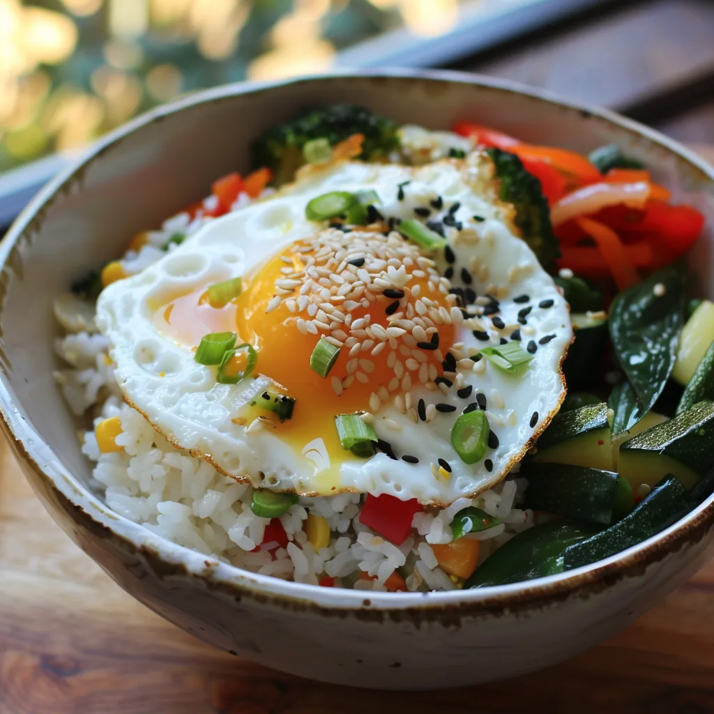 Steamy bowl of budget rice topped with veggies and a fried egg for an affordable student meal.