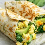 golden cottage cheese wrap filled with spinach, scrambled eggs, and avocado, cut in half and placed on parchment paper, bright natural light, clean minimalist background, vibrant colors, viral trending recipe style