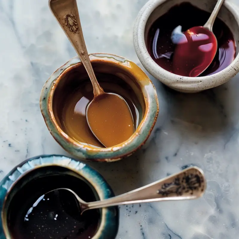 Vanilla-maple, brown-butter, and chai glazes in small bowls with spoons