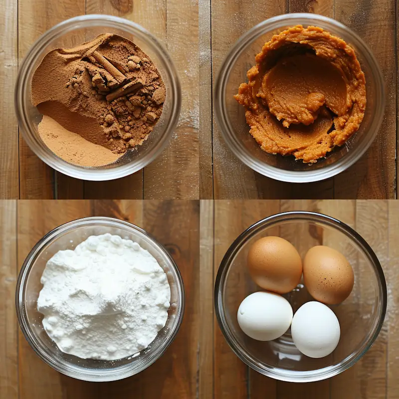 Pumpkin purée, oil, sugars, flour, spices, eggs and milk measured for a Bundt cake