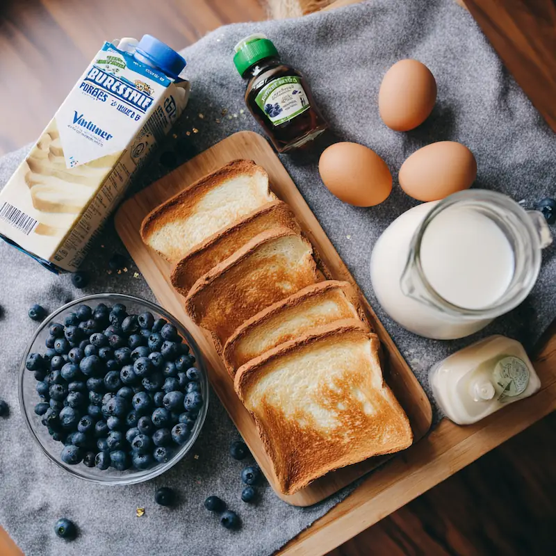 Affordable ingredients for Blueberry French Toast Casserole for Students including bread, milk, and blueberries.