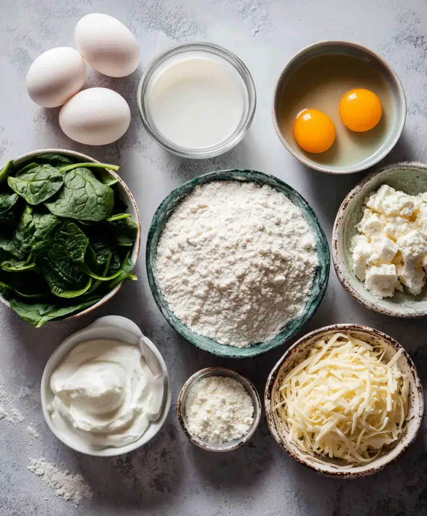 ingredients laid out on dorm kitchen counter — flour, eggs, Greek yogurt, cheese, spinach