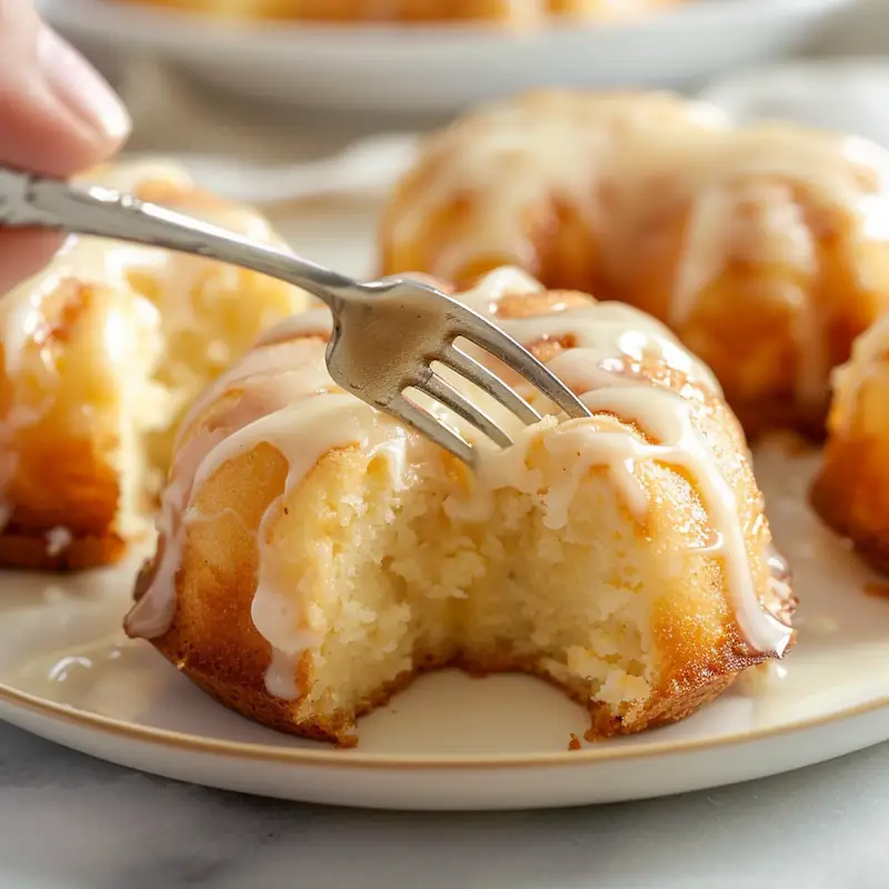 A fork cutting into a moist lemon microwave mini Bundt