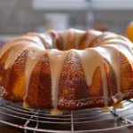 Pumpkin spice Bundt cake on a rack with glossy 3-ingredient maple glaze and fall spices around it.