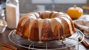 Pumpkin spice Bundt cake on a rack with glossy 3-ingredient maple glaze and fall spices around it.