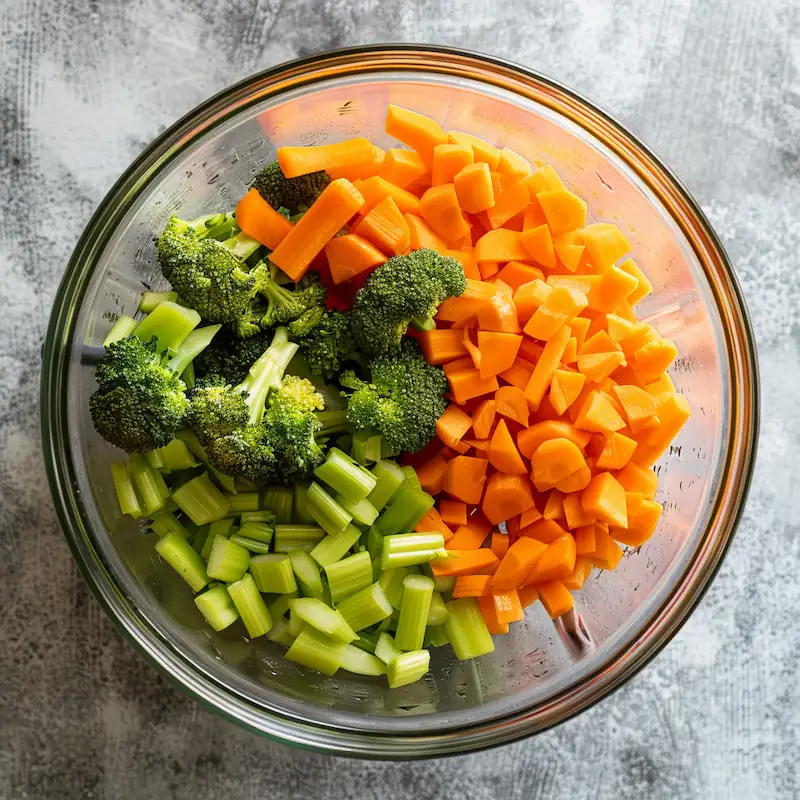 Microwave-safe bowl with chopped carrots, broccoli, and water ready for steaming.