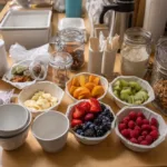Healthy dorm breakfast and coffee setup for students before exams.