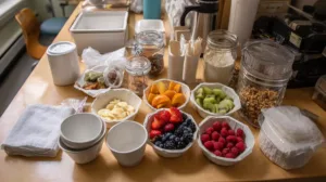 Healthy dorm breakfast and coffee setup for students before exams.