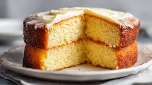 Vertical hero image showing a moist vanilla cake sliced on a cooling rack with soft golden texture