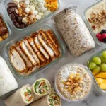 Colorful collage of high protein low calorie meals for students — overnight oats, chicken bowls, smoothies, and wraps arranged on a dorm table