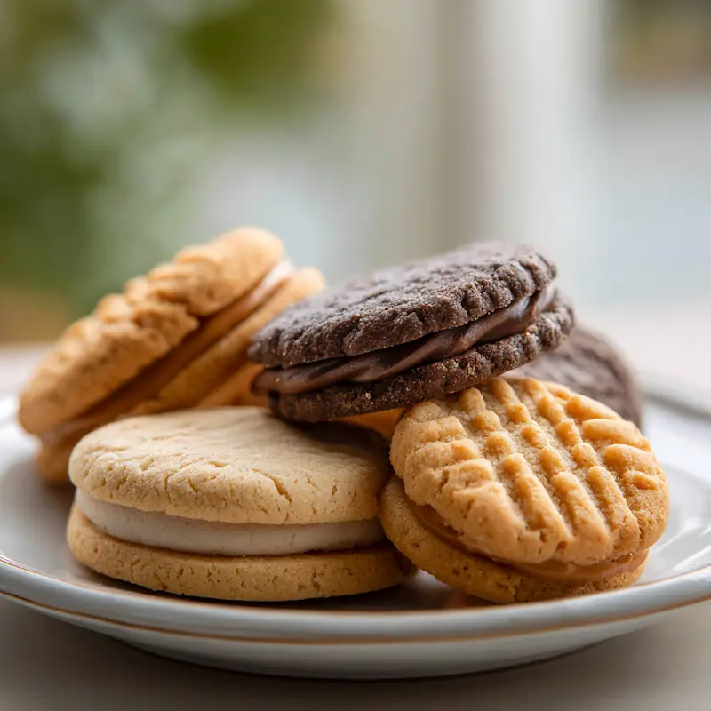 Cheap Desserts for College Students (Fast, Easy & Budget-Friendly) 4 A plate of assorted 4-ingredient cookies, including dulce de leche cookies, peanut butter cookies, and shortbread, photographed with soft natural light.