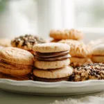 A bright hero image showing an assortment of 4-ingredient cookies, including dulce de leche sandwich cookies, peanut butter cookies, shortbread, and cake mix chocolate chip cookies, arranged on a white table in a cozy student kitchen with soft natural lighting.