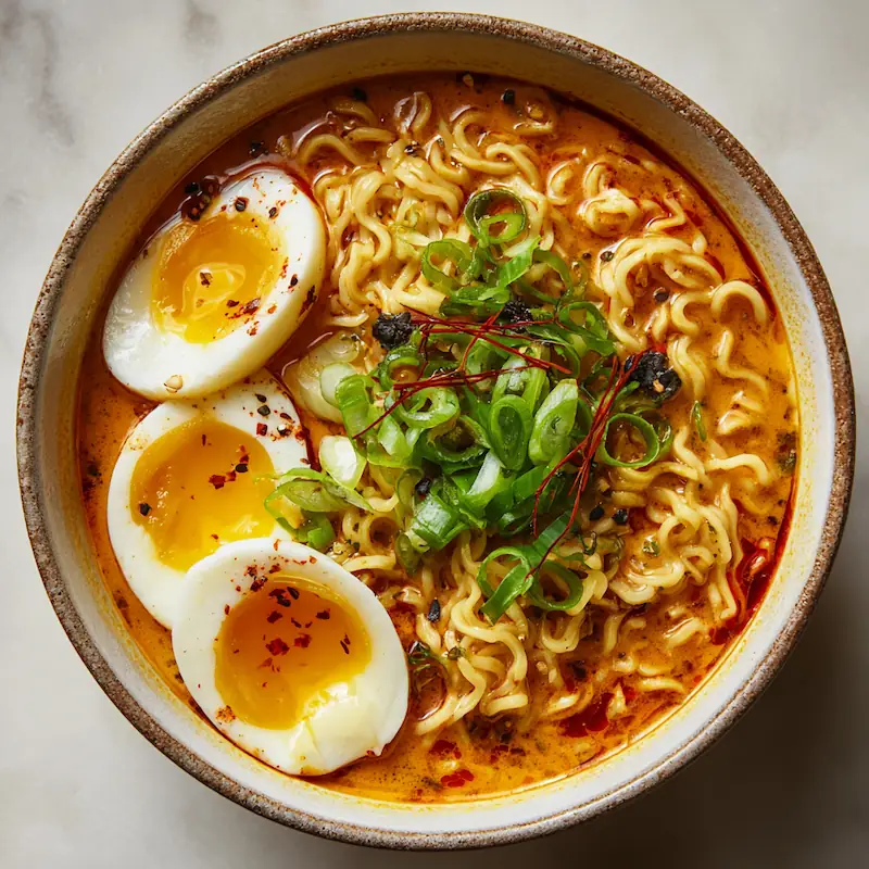 A steaming bowl of spicy coconut curry ramen with creamy coconut broth, noodles, a jammy egg, chili oil drizzle, and fresh green onions on a wooden table.
