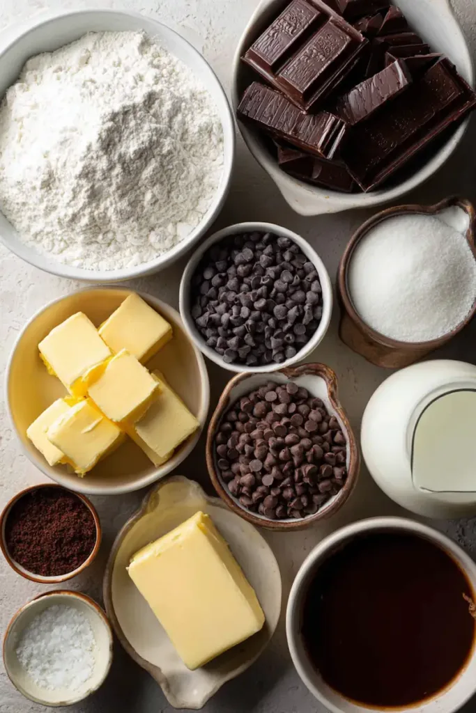 All ingredients for Chocolate Bliss Dump Cake laid out on a dorm desk — cake mix, pudding, chocolate chips, butter, and milk.
