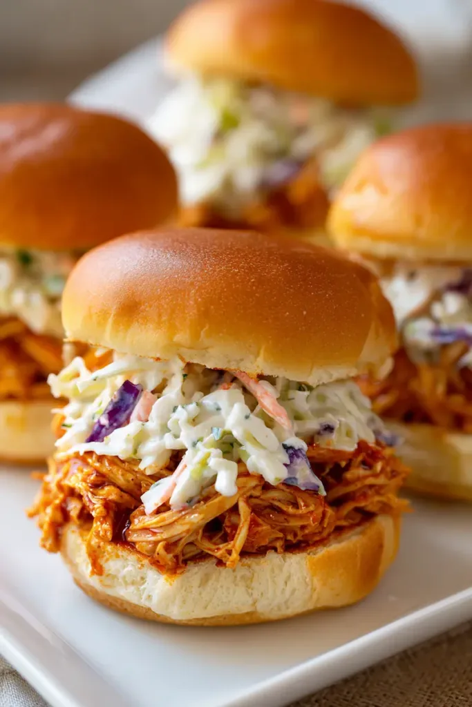 Pulled BBQ chicken sandwiches with coleslaw on top served on a dorm table.