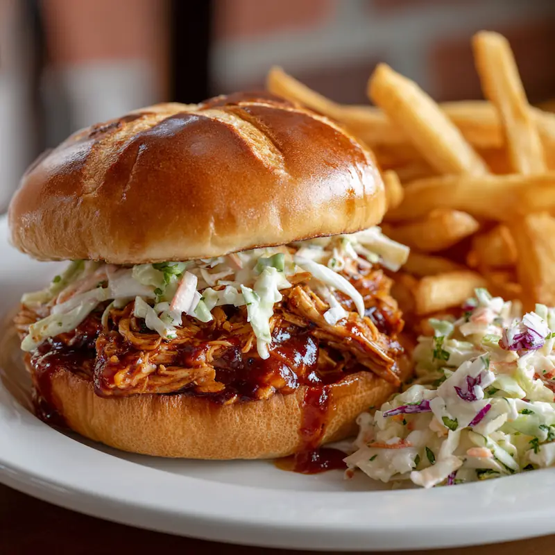 🍗 Easy BBQ Pulled Chicken Sandwiches (Cheap & Juicy Student Recipe) 4 BBQ pulled chicken sandwich on a plate with fries and coleslaw on the side