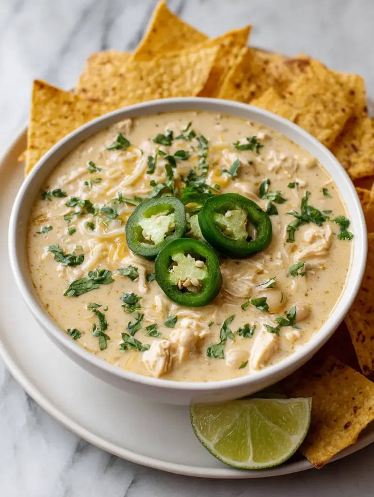 Bowl of creamy Crockpot White Chicken Chili topped with cilantro, jalapeños, and tortilla chips