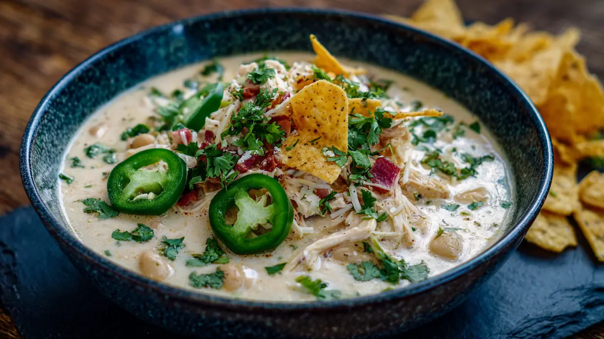 Creamy Crockpot White Chicken Chili in a ceramic bowl topped with cilantro and jalapeños on a rustic wooden table