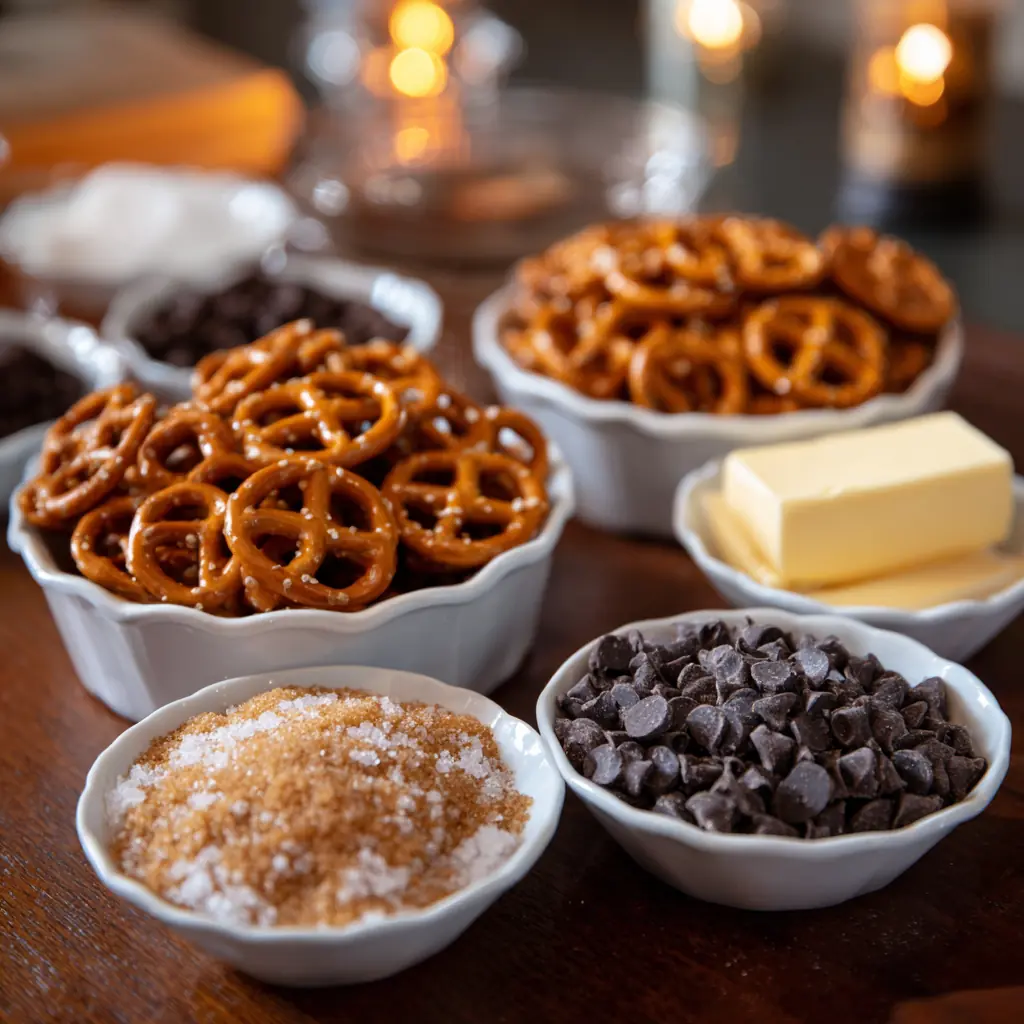 Bowls of pretzels, butter, brown sugar, chocolate chips, and flaky salt arranged on a dorm desk