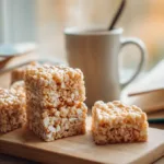 Brown Butter Rice Krispie Treats stacked on a wooden board in a cozy student dorm kitchen