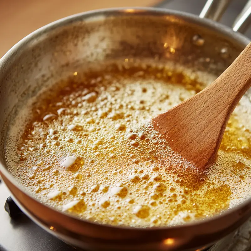 Browned butter in a saucepan with golden specks for Rice Krispie treats