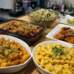 A variety of five affordable chicken dinners perfect for college students, displayed on a dorm-style kitchen table.