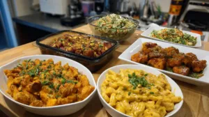 A variety of five affordable chicken dinners perfect for college students, displayed on a dorm-style kitchen table.