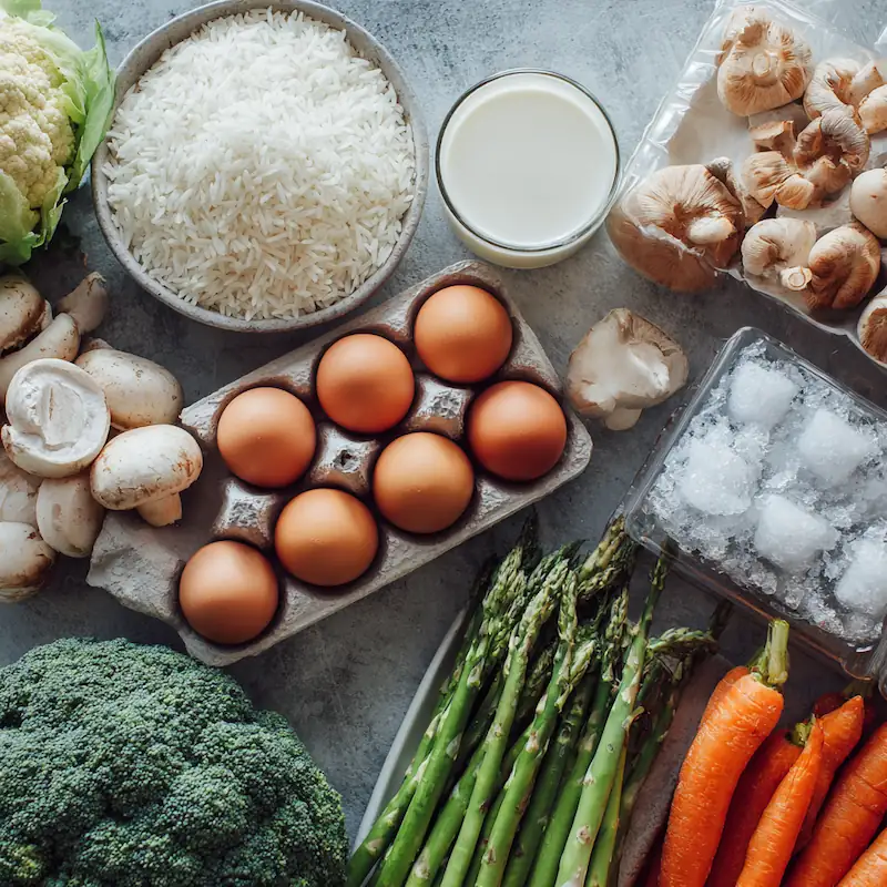 Budget-friendly groceries like rice, eggs, and frozen vegetables on a table.