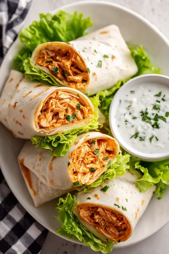 Buffalo chicken wraps on a plate with ranch dip