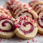Hero image of buttery raspberry swirl shortbread cookies with vibrant raspberry swirls and golden edges on a parchment-lined tray
