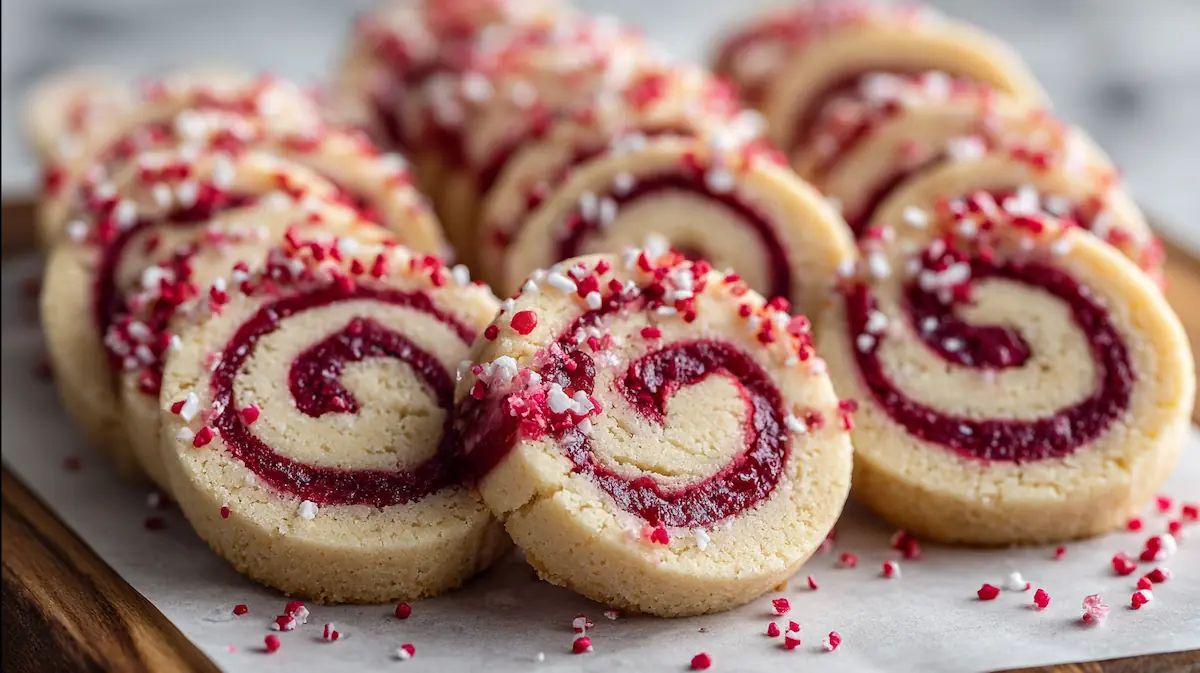Hero image of buttery raspberry swirl shortbread cookies with vibrant raspberry swirls and golden edges on a parchment-lined tray