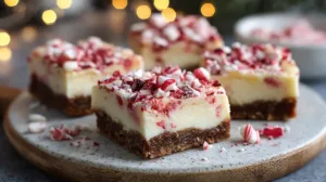 Festive candy cane cheesecake bars on a wooden table with crushed peppermint and fairy lights, creating a cozy Christmas baking atmosphere.