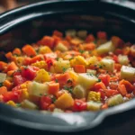 CCheap 5 Ingredient Crockpot Dinners for Students — cozy dorm kitchen with a slow cooker, fresh vegetables, rice, and chicken ingredients on a student budget.