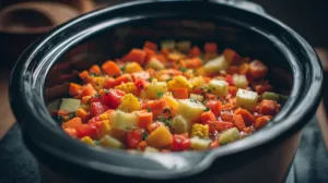 CCheap 5 Ingredient Crockpot Dinners for Students — cozy dorm kitchen with a slow cooker, fresh vegetables, rice, and chicken ingredients on a student budget.