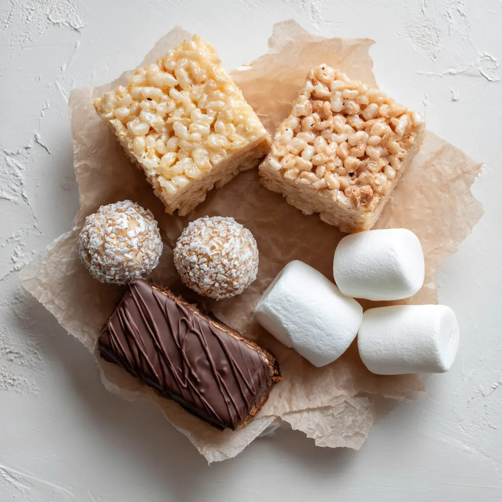 Cheap Desserts for College Students (Fast, Easy & Budget-Friendly) 3 Flat-lay image of rice krispie treats, milk balls, and peanut butter bars arranged on parchment paper in a bright student kitchen.