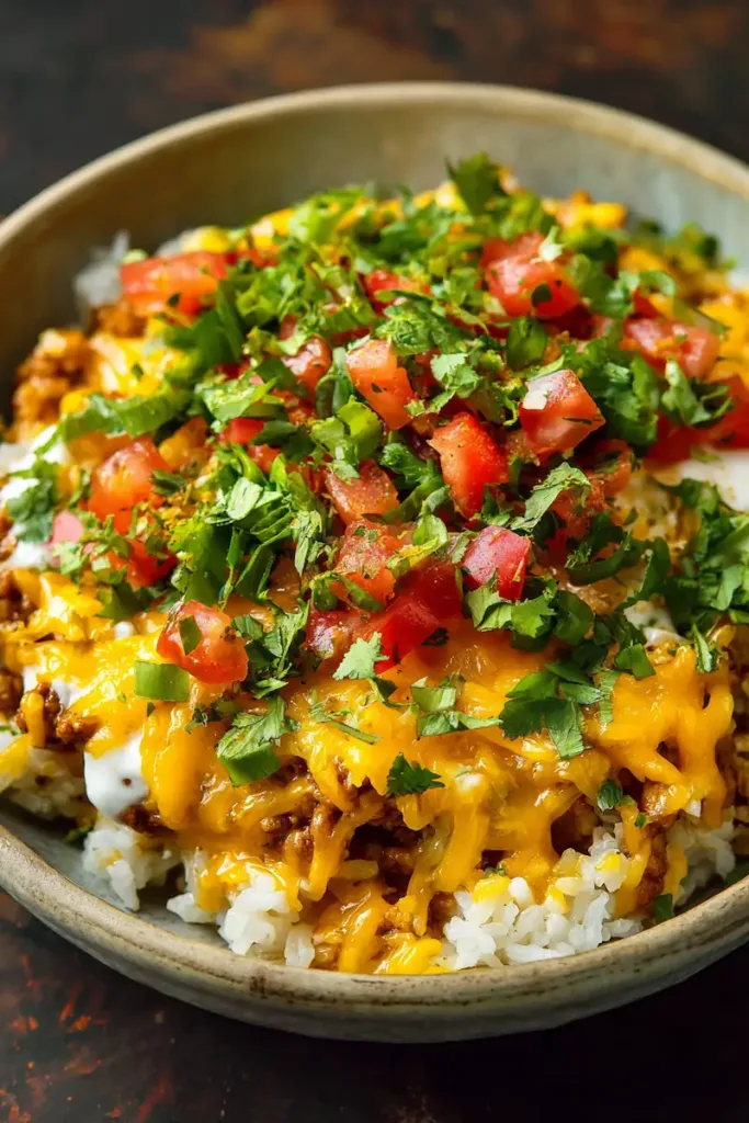 Cheesy taco rice bowl topped with melted cheddar
